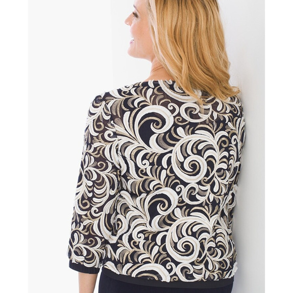 NWT Chico's Travelers Collection Scrolled Bomber Jacket Size 2 Large Navy Gold - Picture 2 of 11